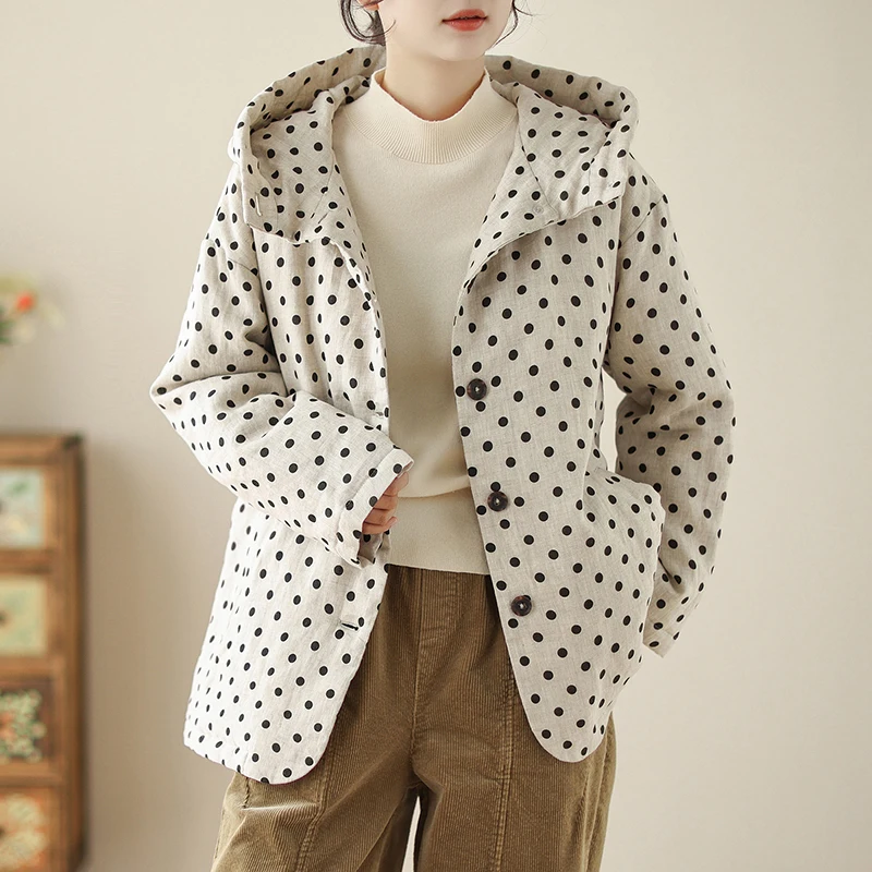 

Artistic Large Size Winter Cotton Jacket with Hood Thickened Commuter Style Dot Patterned Versatile Raindrop Linen Outerwear