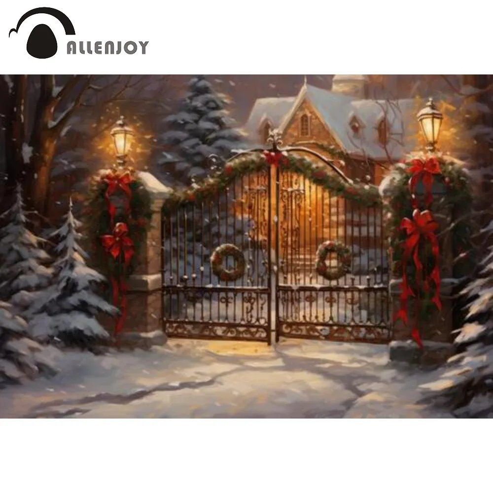 Allenjoy Snowy Christmas Night Photography Backdrop Gate Decorated with Xmas Wreaths Banner Winter Scene Painting Background