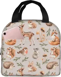 Bolsa de almuerzo de animales del bosque, bolsa compacta, contenedor reutilizable para el trabajo escolar, ardilla, ciervo, zorro, liebre y erizo