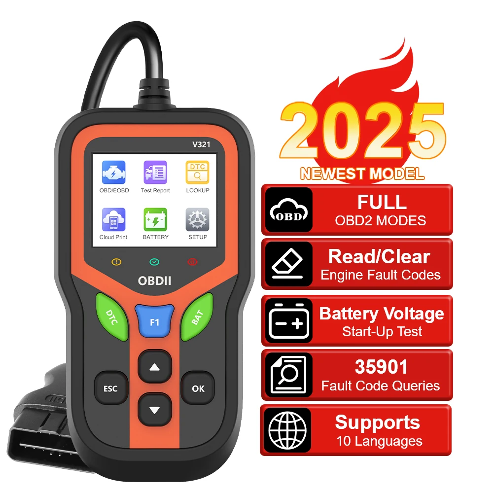 

Универсальные автомобильные диагностические инструменты OBD2 для проверки системы двигателя, считыватель неисправностей, считыватель чистых кодов V321, тестер батарей, сканер OBD II