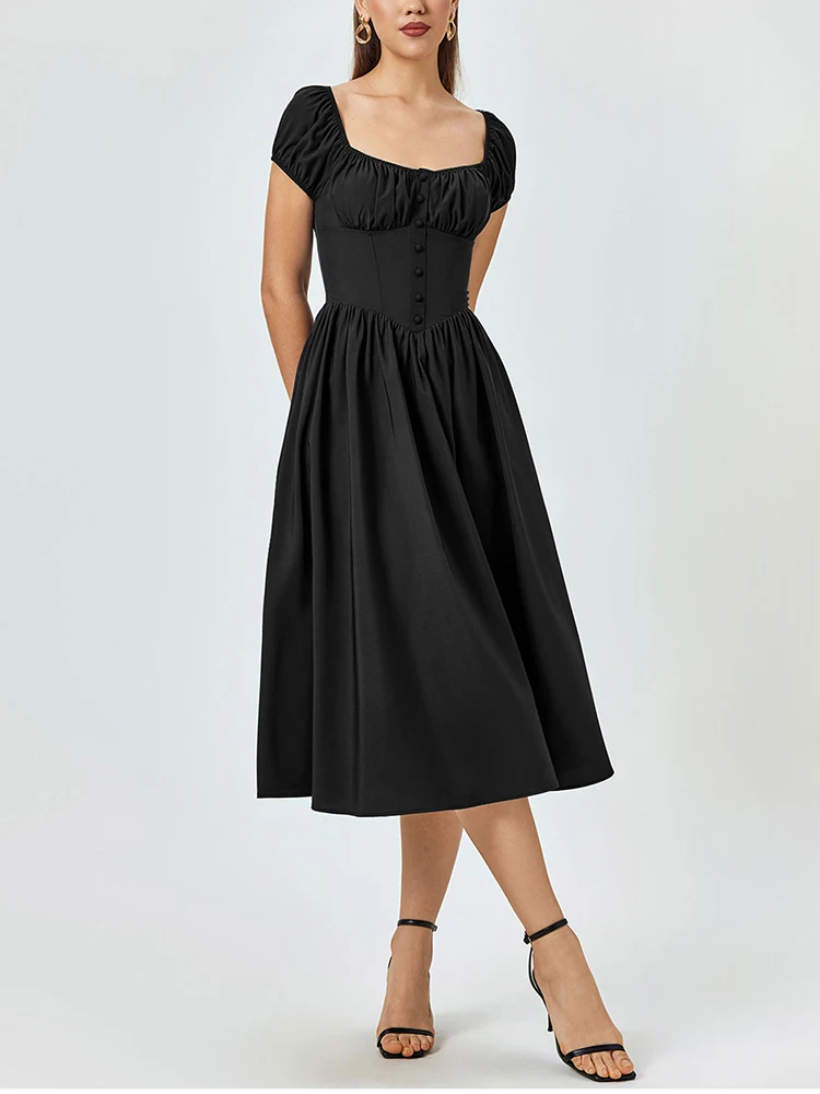 NewAsia Women\'s Short Sleeves Square Neck Midi Corset Dress Flowy Swing A line Fashion Casual Long Dresses Navy Summer