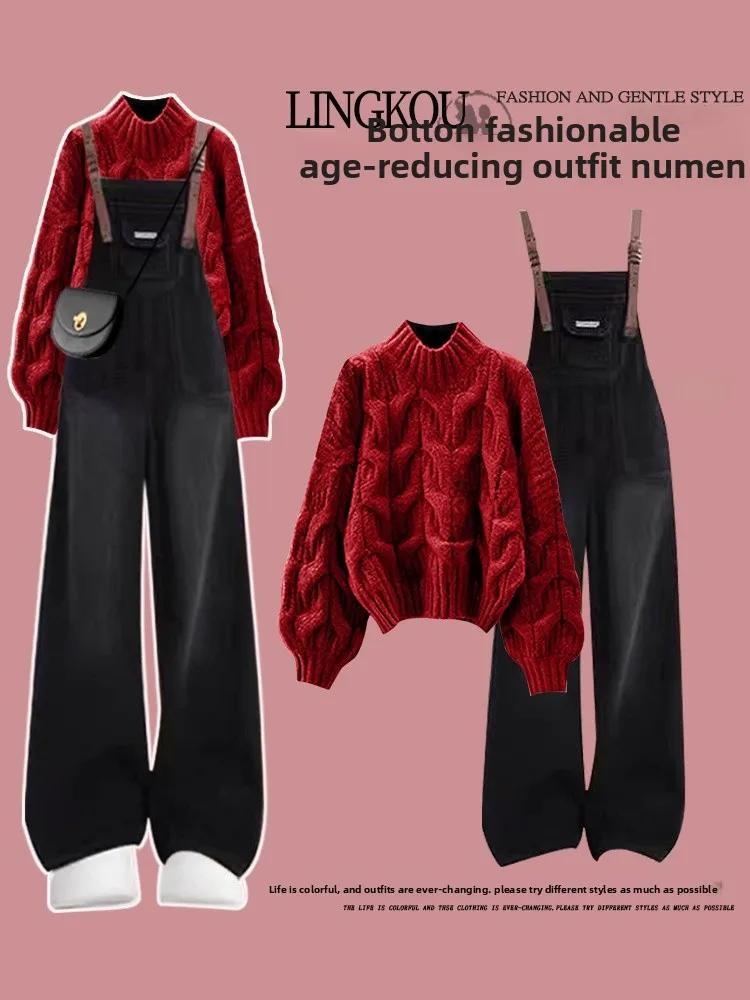 

Комплект из двух предметов: свитер и джинсовый комбинезон больших размеров для женщин, красный, стройнящий, новогодний модный ансамбль