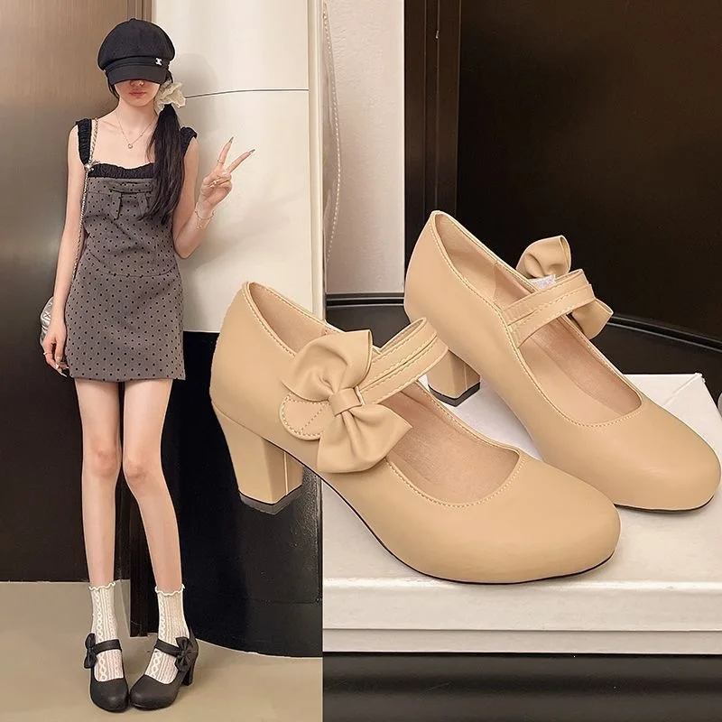 Sweet Bow Block Low Heels Lolita Mary Jane Shoes Wide Fitting Pumps Dance Wedding Women's Shoes Girl Big Size Zapatos Tacon