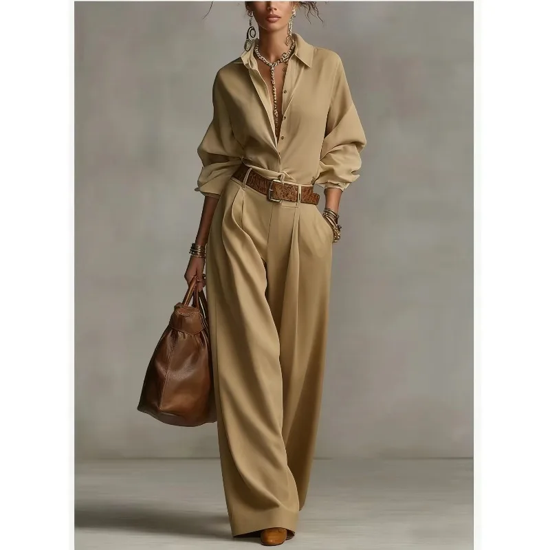 Spring Summer Temperament Solid Color Cotton Linen Wide Leg Pants Set Elegant Button Shirt Top and Wide Leg Pants 2 Piece Suit image 6