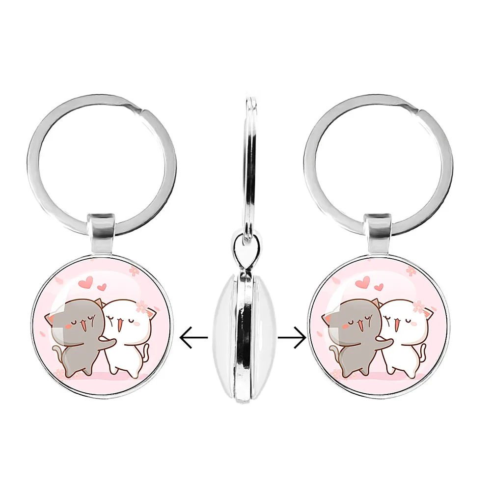 Mitao Cat Glass Keychain Cute Couple Peach Cat Schoolbag Cat Double sided Keychain Charm Keyring Jewelry Gifts For Friends