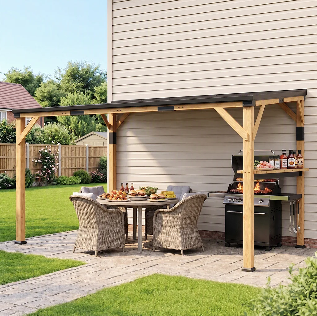 10' x 14' Wooden Gazebo, Hardtop Lean-to Gazebo Pergola with Steel Roof, Natural