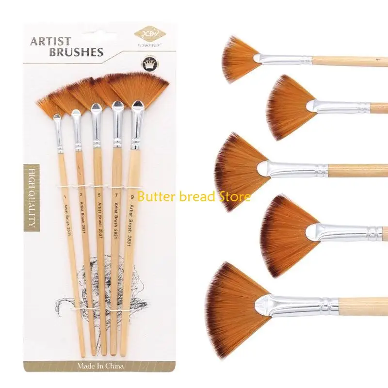W89C 5Pack Fan Brush Set Artist Soft Anti-Shedding Nylon Hair Paint Brushes for Acrylic Painting Oil Watercolor Rock Painting