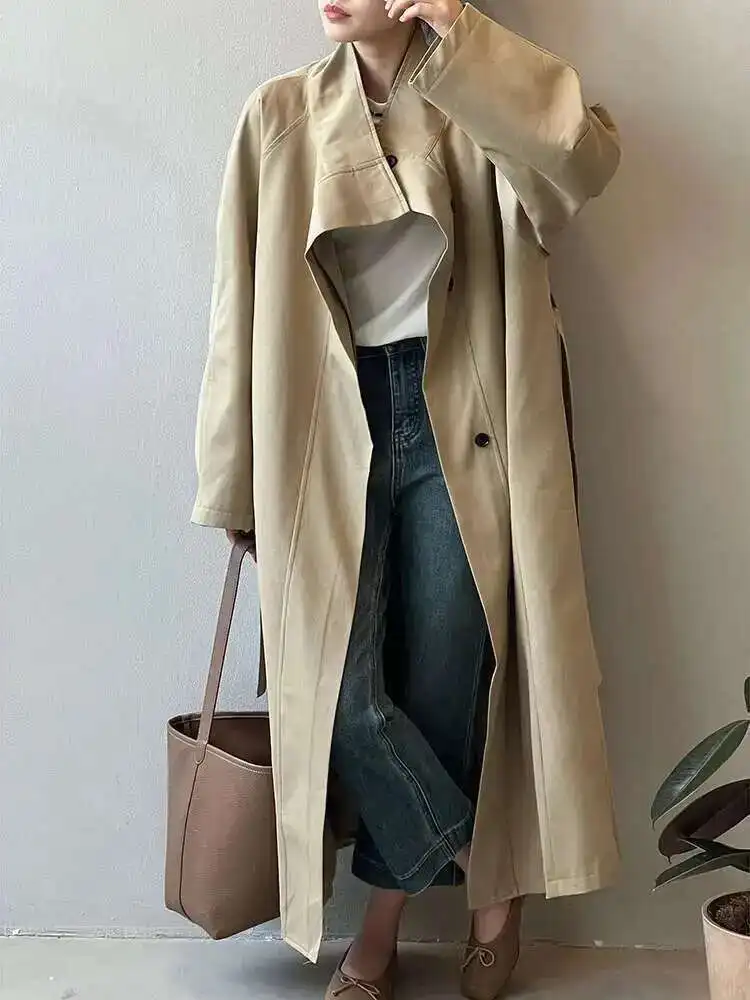 BJTZ Stojący kołnierz Długa kurtka wiatrówka dla kobiet 2024 Jesień Prosty pojedynczy piersi Luźny płaszcz biurowy Lady Temperament