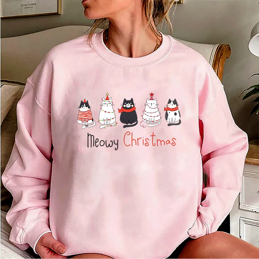 Meowy Christmas Sweatshirt Christmas Cat Merry Christmas Hoodie Cat Lover Sweater Cute Cat Cewneck Sweatshirts Gift for Cat Mom