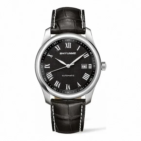 Moda relógio mecânico automático masculino artesão calendário esporte relógio preto azul couro