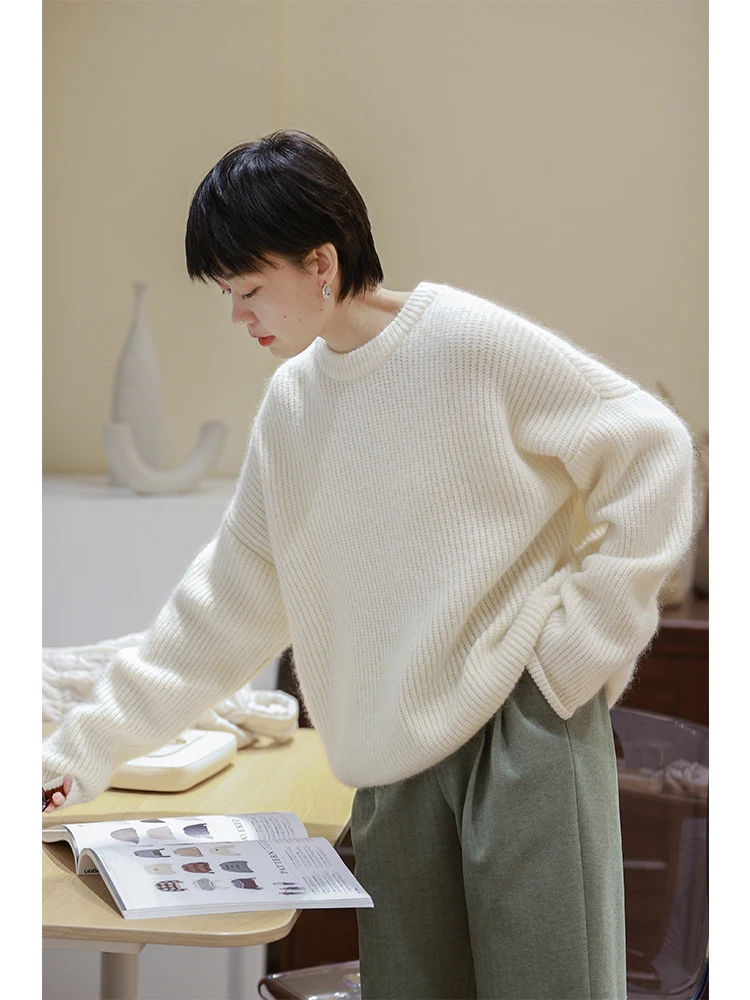 

Вязаный свитер из шерсти и кашемира для женщин, с круглым вырезом, теплый, пушистый, с длинными рукавами, осенне-зимний, новый, белый