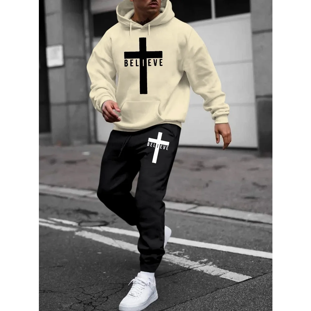 أزياء صدق الصليب طباعة العصرية مقنعين البلوز ومريحة مطابقة Sweatpants مجموعة، الرجال 2PCS الزي الأنيق للخريف #4