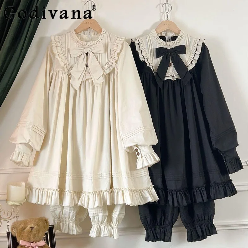 

Autumn New Japanese Sweet Two Piece Set Women Long Sleeve Shirt Lolita Daily Shorts Outfits Female Bow Lolita Cute Suits