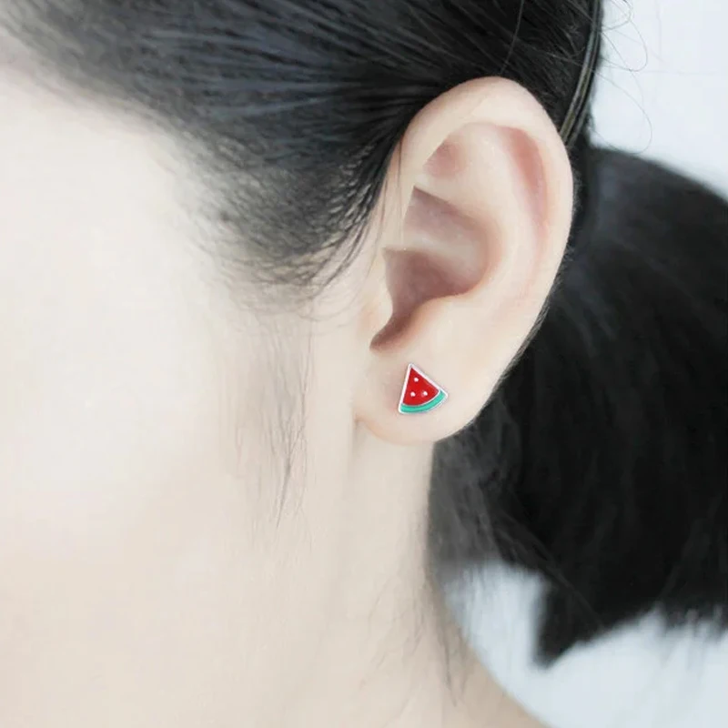 Trustdavis Real 925 Silver Fashion Asymmetric Summer Watermelon Stud Earrings for Women Daily Wear Jewelry Gift DS572