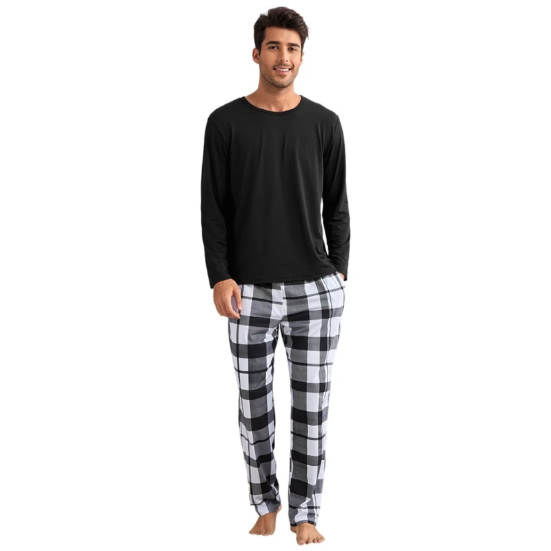 

Men's Plaid Print Pajama Set Long-Sleeve Round Neck Top And Long Pants Cozy Breathable Fit Sleepwear Loungewear Summer Fashion
