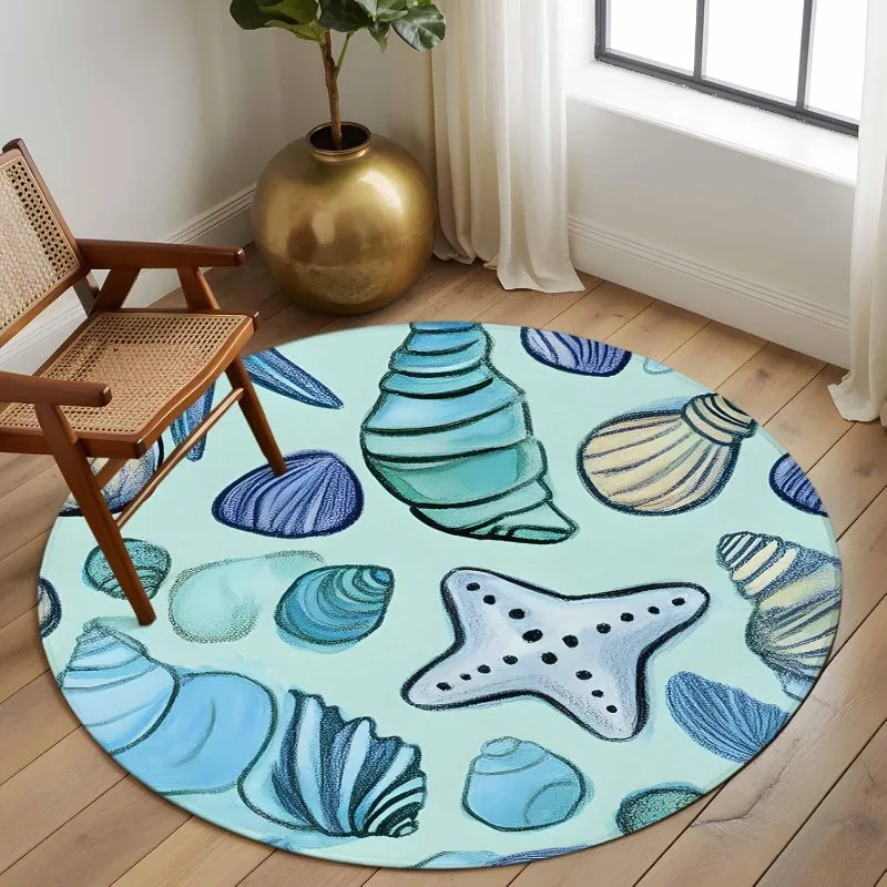 Round Nautical Rug with Seahorse & Starfish – Vintage Coastal Anti-Slip Mat for Living Room Home Decor