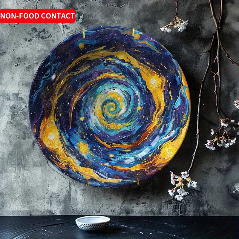 1pc Modern Minimalist Blue & Yellow Swirl Ceramic Wall Plate - Round Hanging Dish Art Suitable for Living Room, Bedroom Decor -