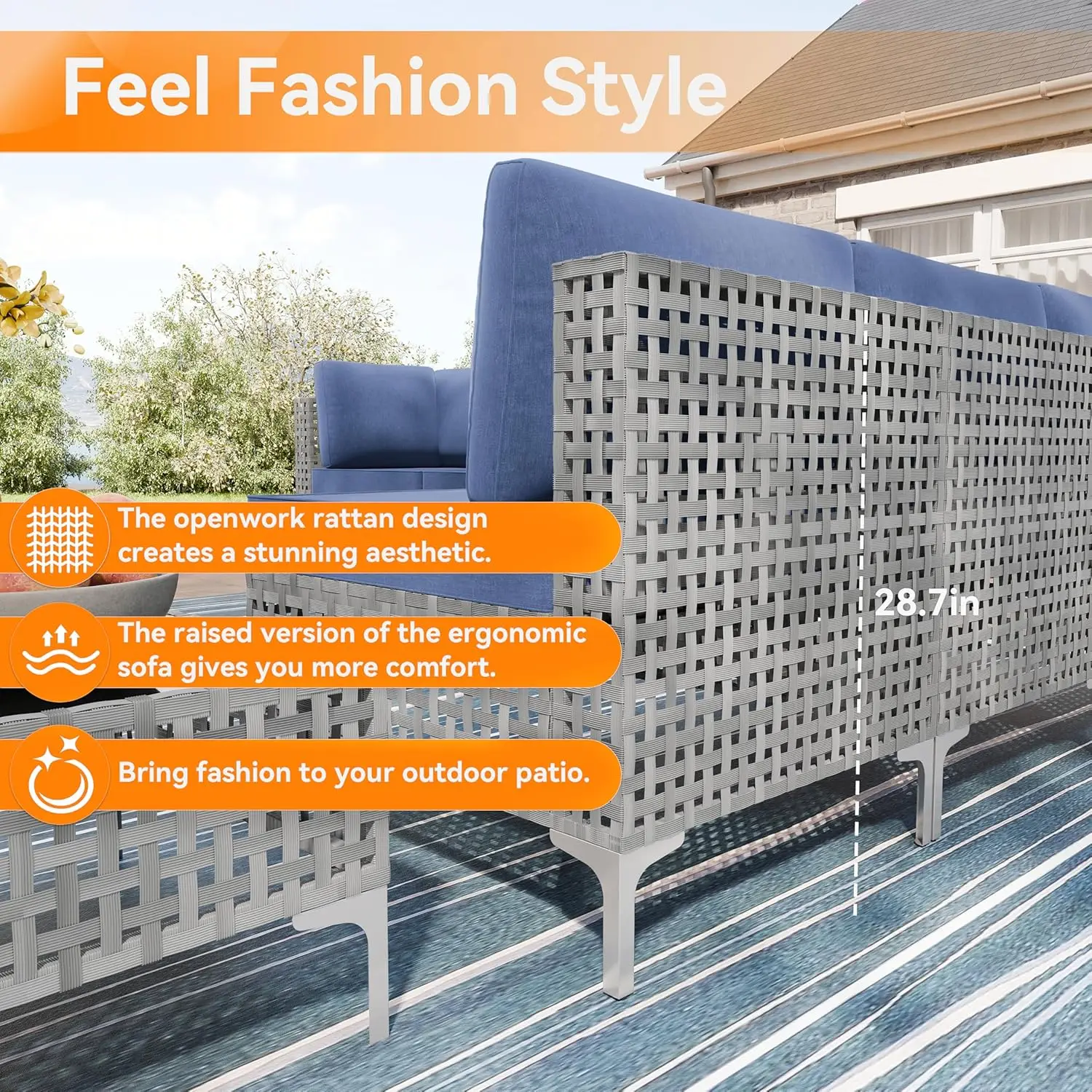 7 Pieces Patio Furniture Set Wicker Outdoor Sectional Sofa,All Weather Grey PE Rattan Outdoor Conversation Set ,NavyBlue