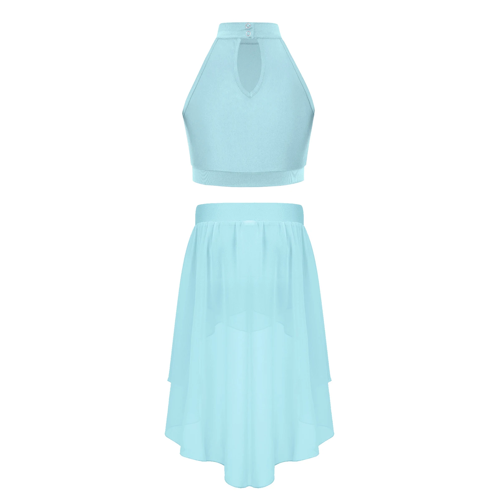 Girls Lyrical Dance Set Sleeveless Crop Top with Split Chiffon Skirt Rhinestones Modern Skating Ballet Performance Dancewear