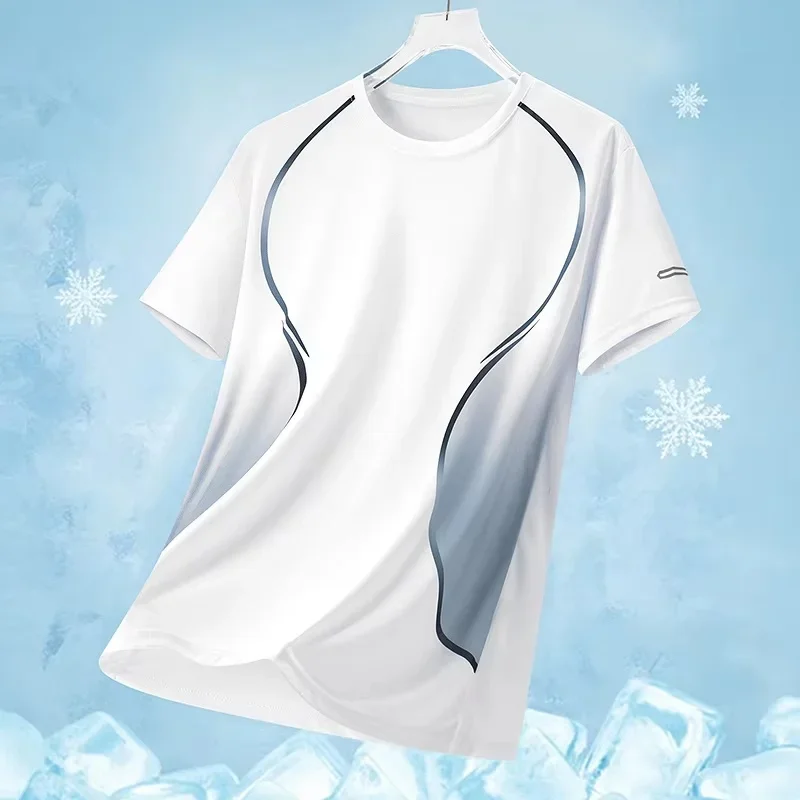 New Men Quick Dry Running T-Shirt White Stitching Line Print Short Sleeve Athletic Tee Breathable Lightweight Workout Sports Top