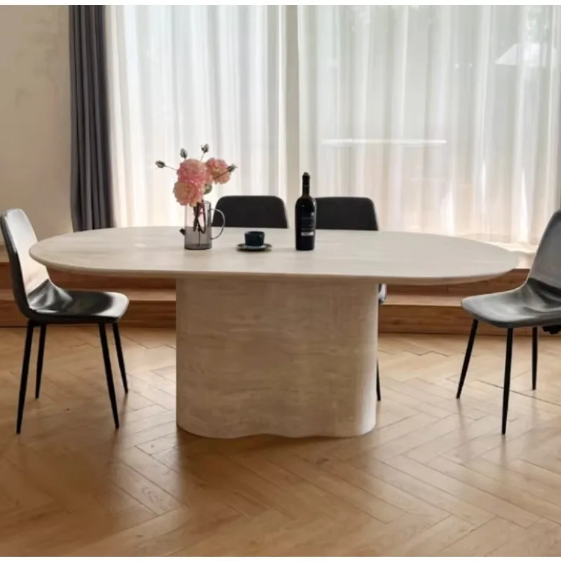 

Nordic Natural Travertine Rectangular Dining Table Light Stone High-End Modern 8-Seater Small Apartment Home Furniture 5