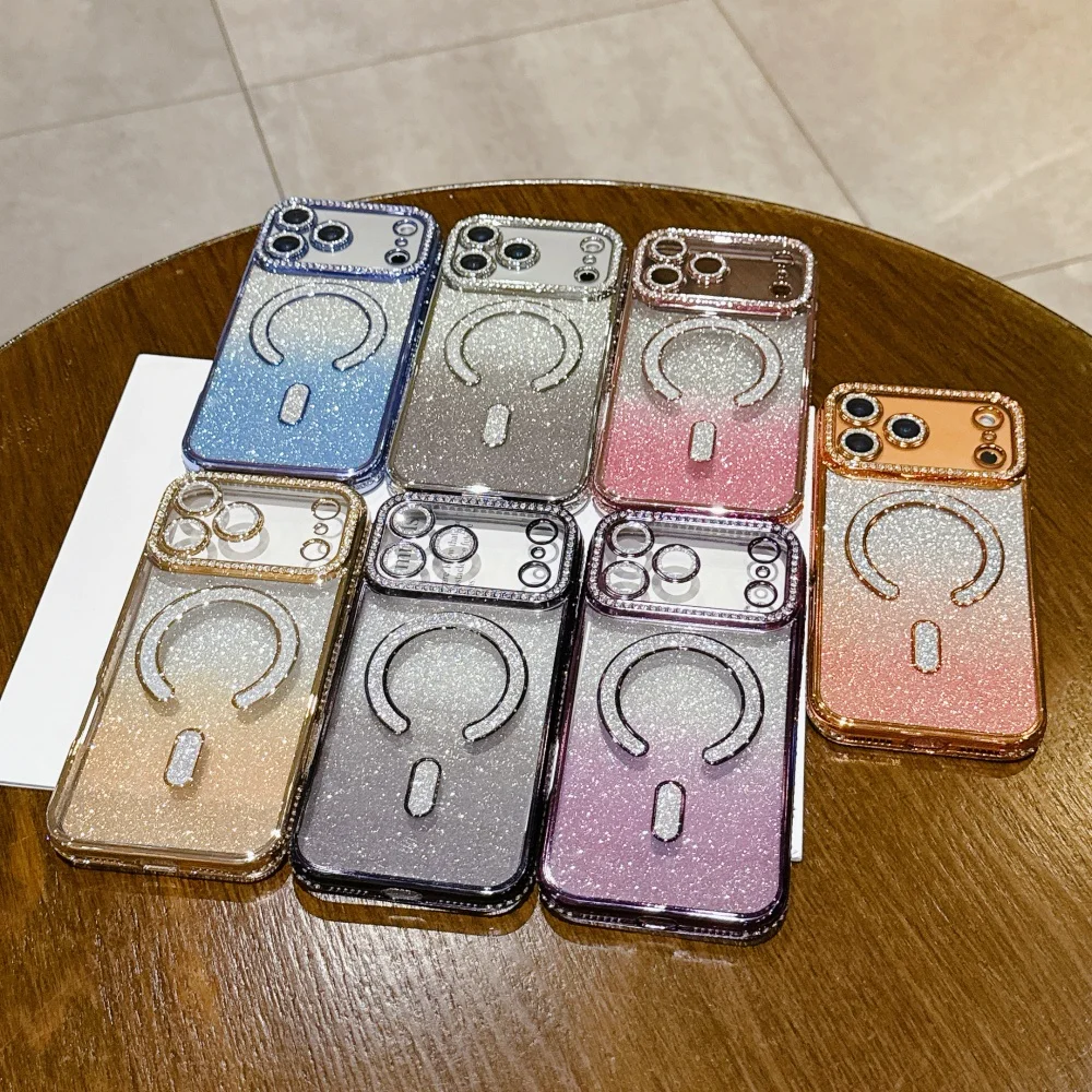 럭셔리 마그네틱 맥세이프 글리터 폰 케이스 아이폰 17 16 15 14 13 12 11 프로 맥스 에어 16 15 플러스 16e 클리어 도금 TPU 커버