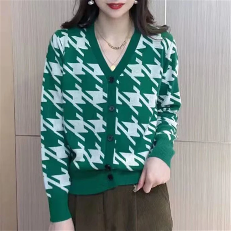 Fashion Classic Elegant Vintage Houndstooth Knitted Cardigan Women Autumn V Neck Slim Single Breasted Sweater Jacket Top Female