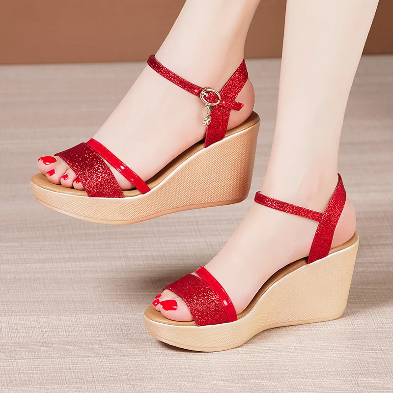 

High Heel Wedges Sandals For Women 2024 Summer New Platform Fashion Footwear Red Black Gold Silver Large Size Sandals 32-43