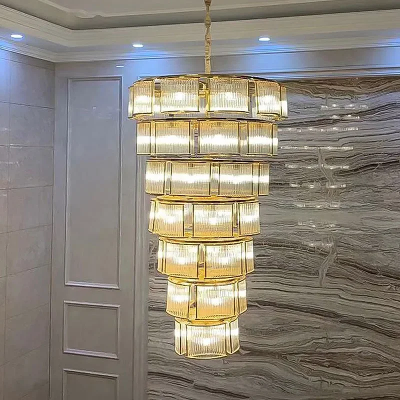 for Duplex Building Chandelier Villa Living Room Hollow Simple Middle Floor Long Crystal Rotating Staircase Light Luxury