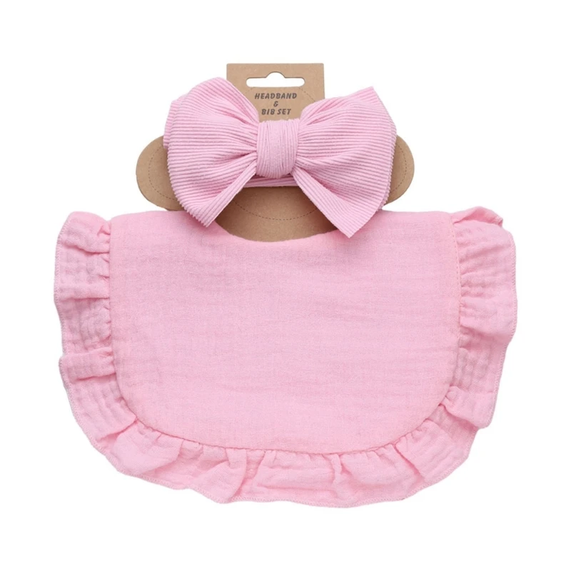 Baby Bibs with Headbands Newborn Bow Hair Tie & Burp Cloth Combo 2-piece