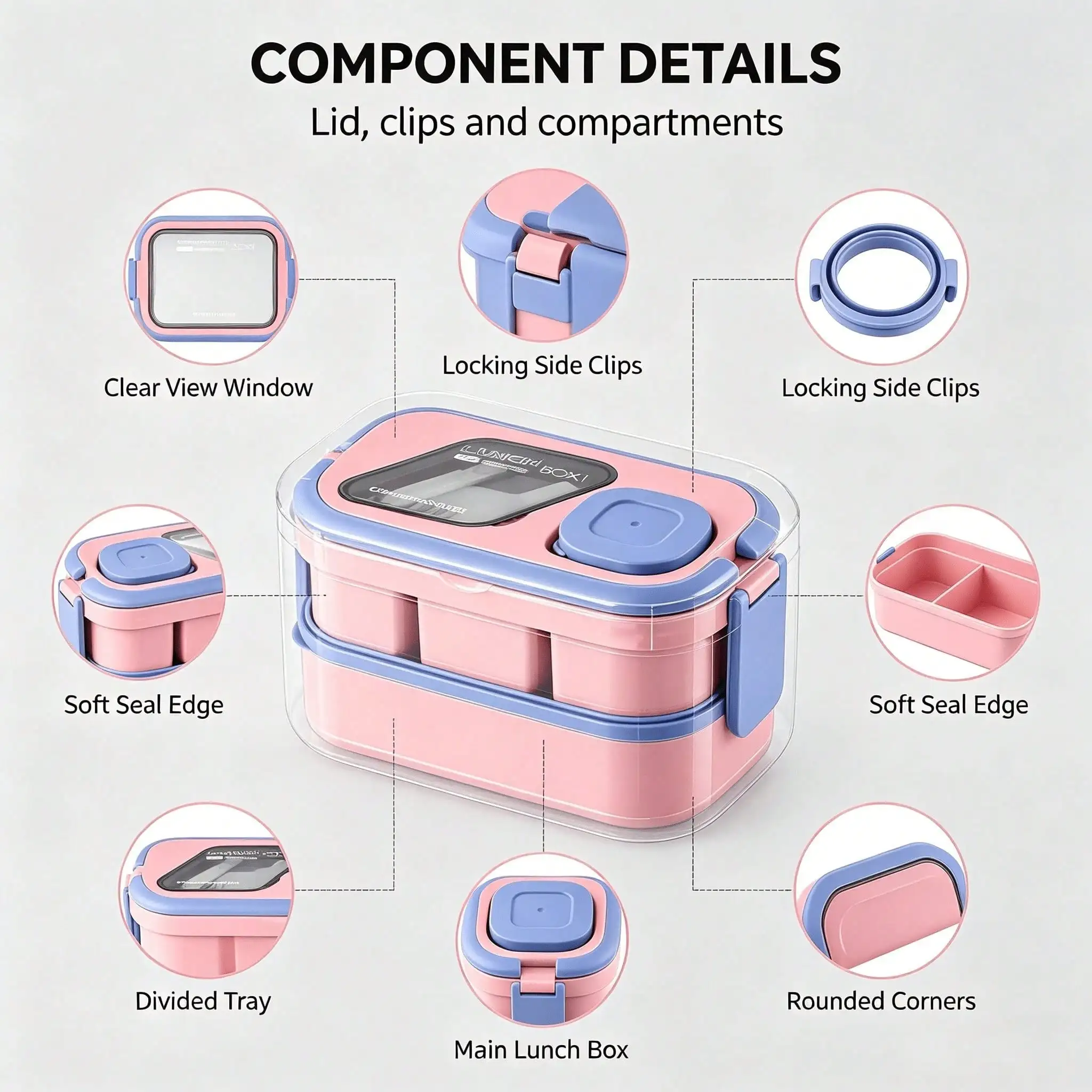 50oz Large Capacity Stackable Lunch Bento Box with Carry Handle,4 Compartment Design Comes with Salad Container & Tableware, Microwave Friendly Portable Food Storage Box