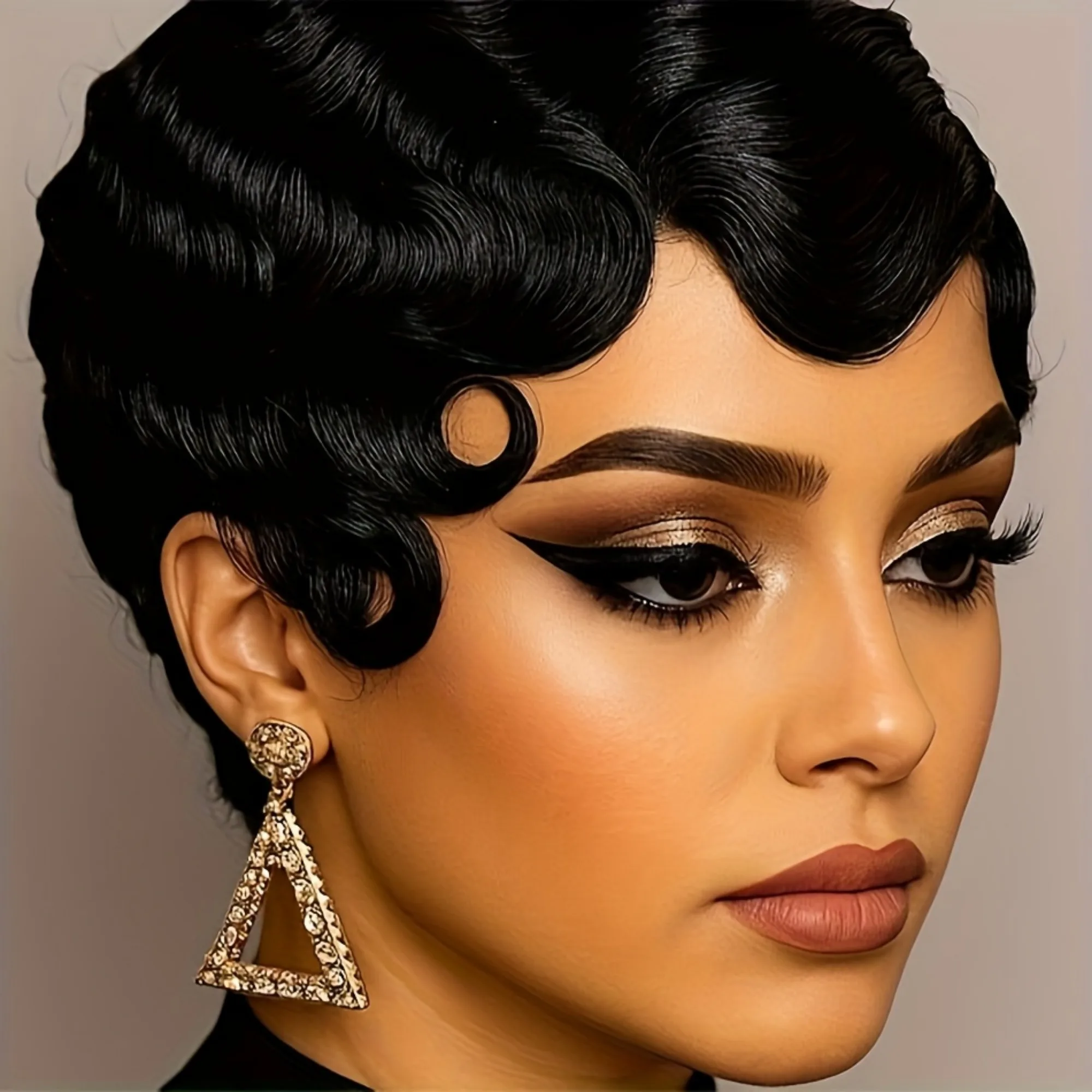 Peluca de corte Pixie de aspecto natural para mujer - Peluca de cabello humano de onda profunda de 6 pulgadas con textura de onda de dedo, peluca completa hecha a máquina, todos los días