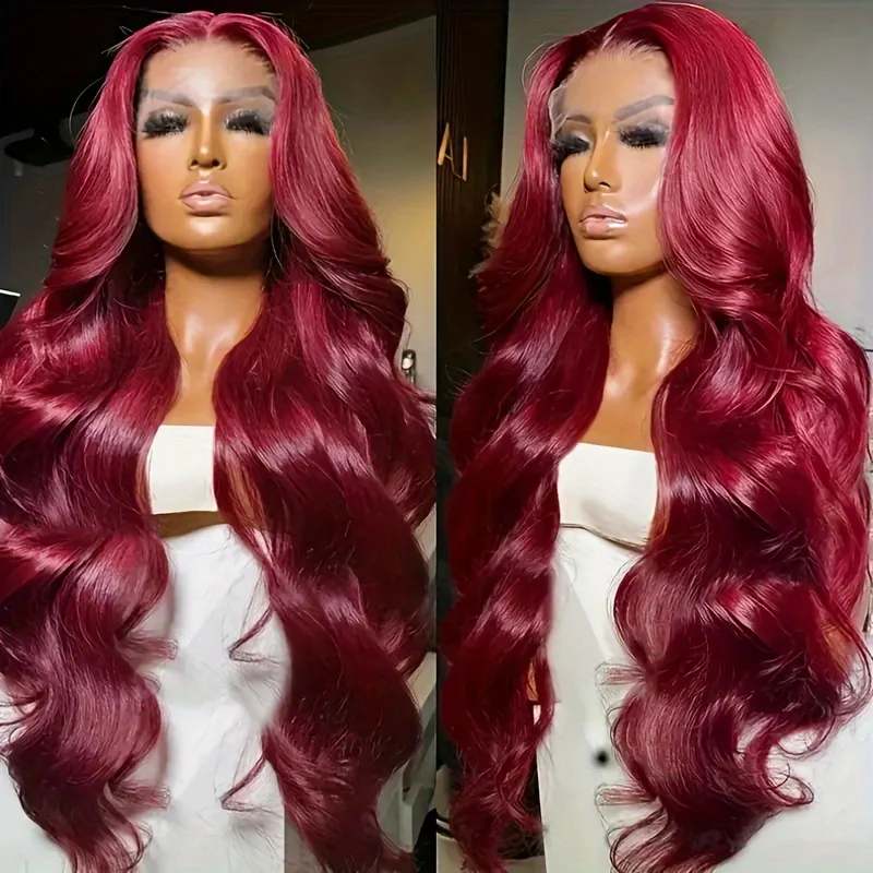 30 Inch Brazilian Loose Body Wave 99J Burgundy 13x4 Lace Frontal Wig 220% Density Pre Plucked 13x6 HD Lace Front Human Hair Wig
