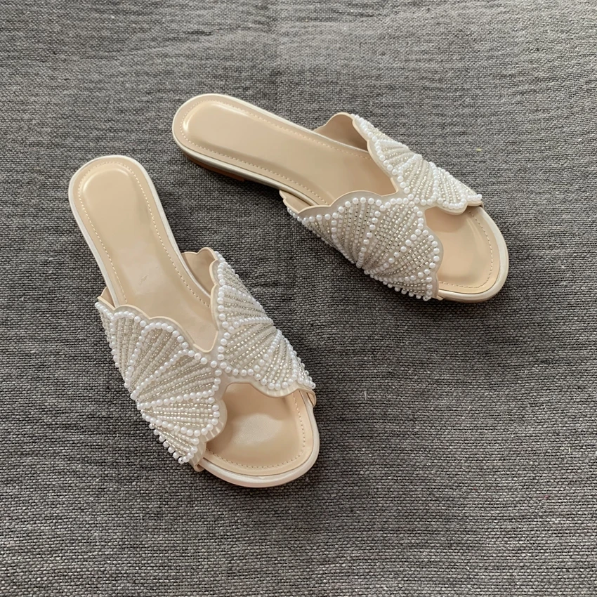 Luxury Summer Flat Sandals for Women Fashion Faux Pearl Designer Slide Sandal Comfortable Lightweight Beach Casual Shoes Woman image 2