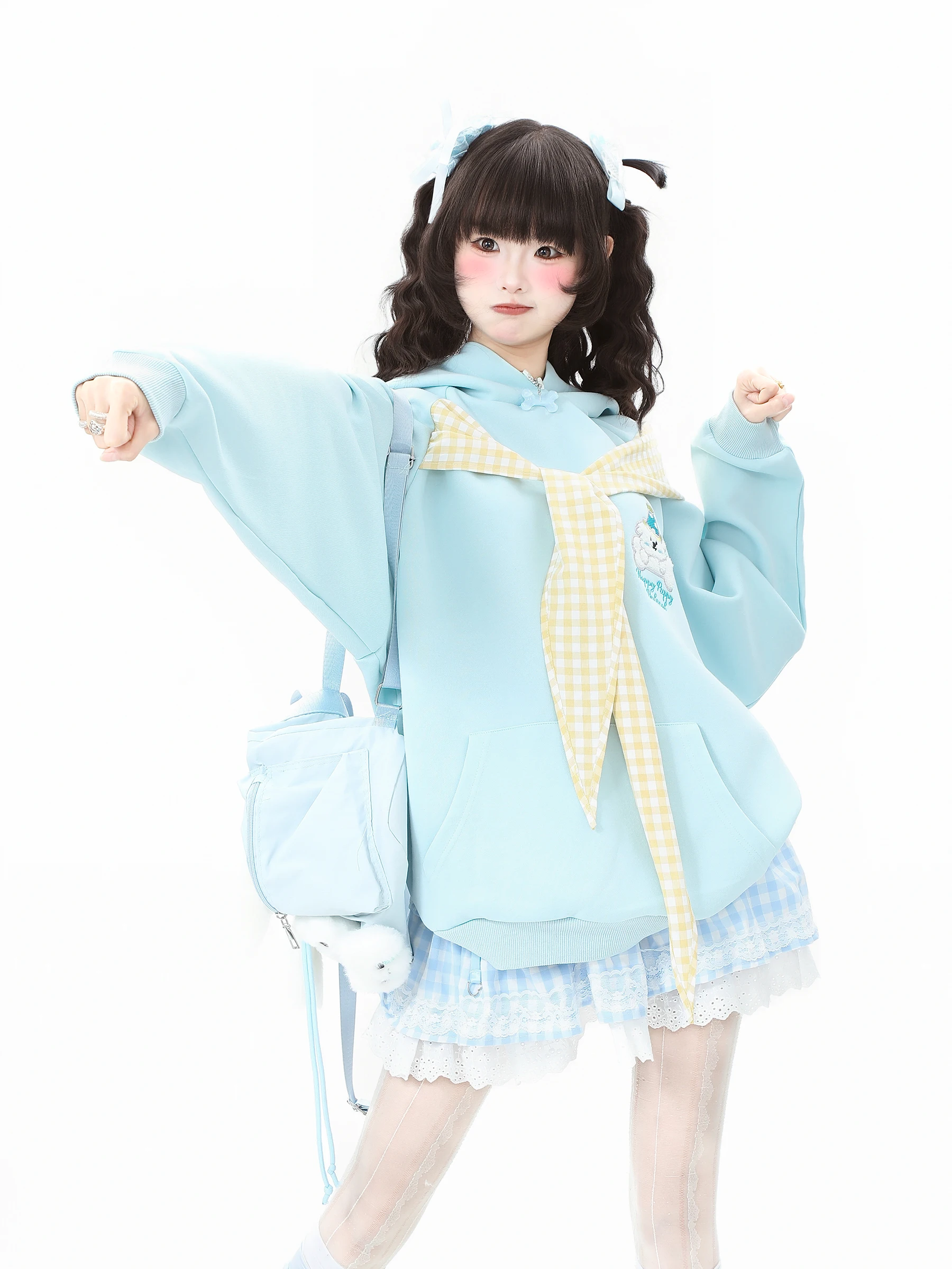 2025 Spring and Autumn New Sweet Blue Bow Tie Hooded Sweatshirt  Apricot Bear Embroidery Top Blue Short Skirt and Pink Shorts
