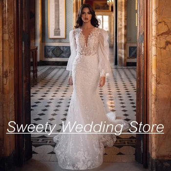 אישה מנוקפת תחרה שמלות כלה פאף שרוולים V הצוואר לראות דרך לטאטא רכבת פתוח בחזרה שמלת כלה שמלת כלה שמלת כלה דה מריי