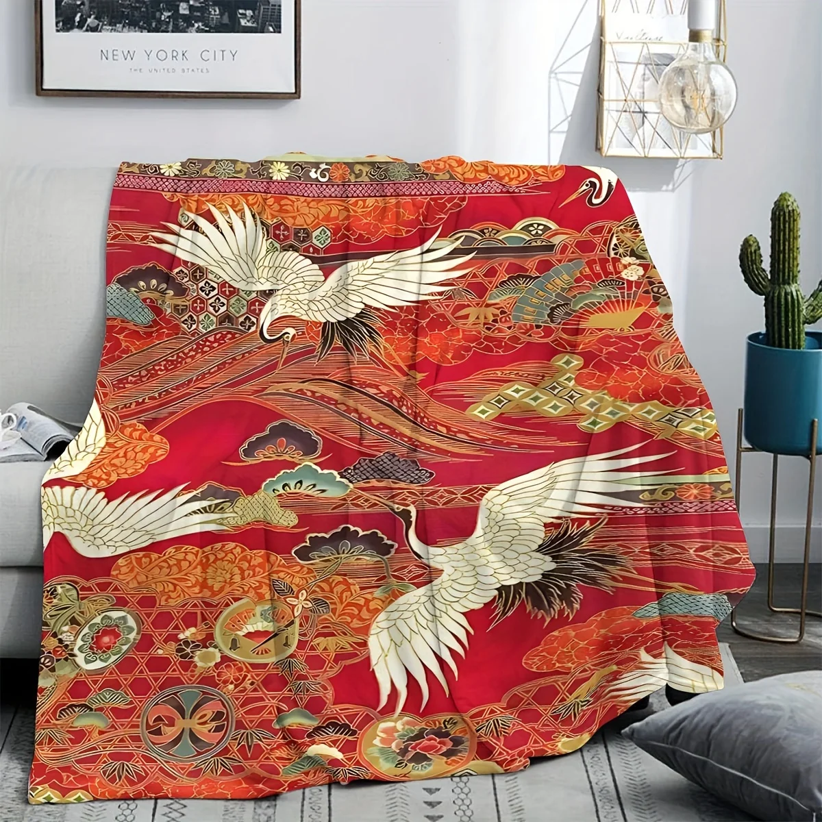 Traditional Crane & Floral Flannel Blanket - Anti-Allergenic Washable | Red/Orange/Green/Brown | All-Season Home/Office/Travel