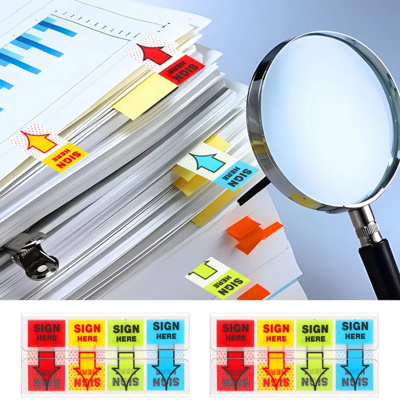 여기에 서명 스티커, 라벨 스티커, 접착 사인, 여기에 탭, 사인 포스트, 여기에 플래그, 홈 오피스 학교, 4 가지 색상, 500 개