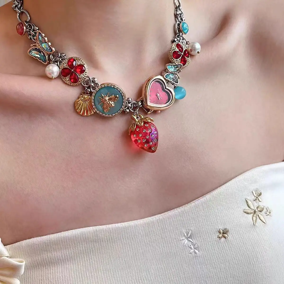 Forest berry fashion red and blue strawberry Heart clock Butterfly Necklace Niche hot Girl accessories