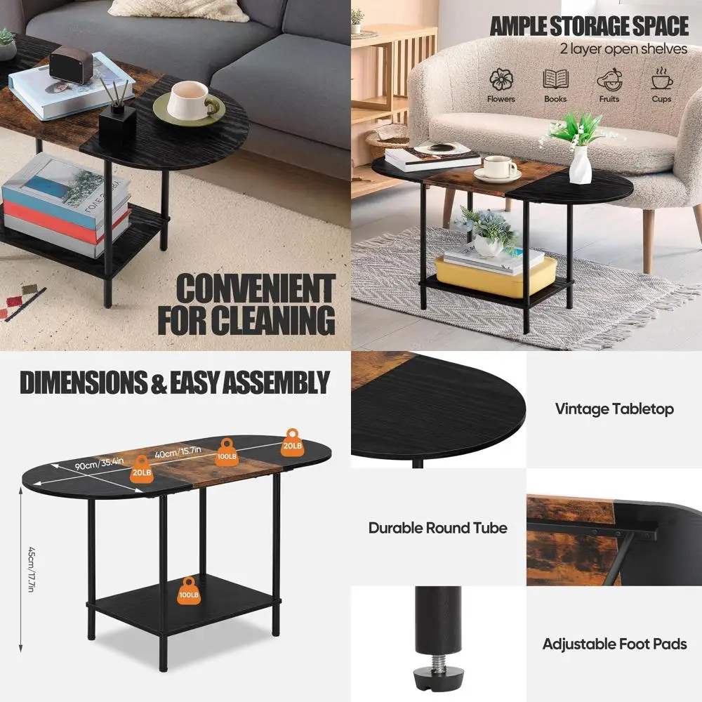 

Oval Center Table with 2-Tier Storage and Wooden Top for Small Living Spaces