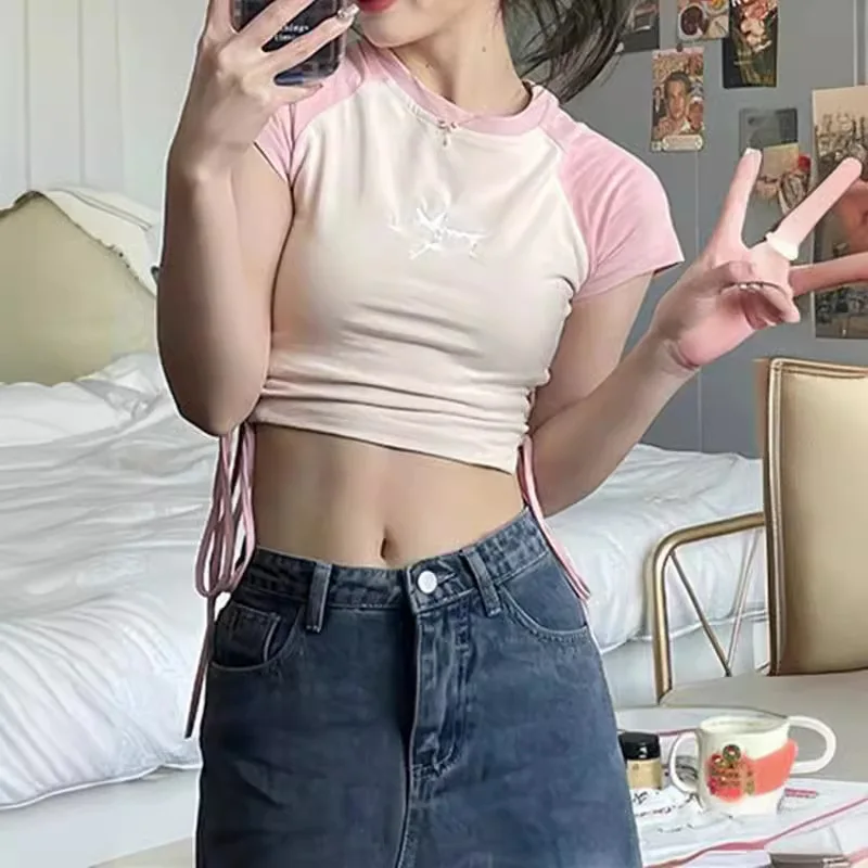 

High Street Tie Color-Block Design Pure Desire Стиль Сексуальное короткое платьеЖенские летние новые облегающие топы для похудения