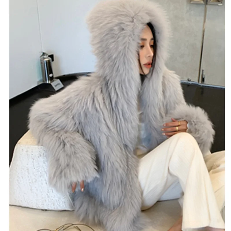 Chinese Fur  Encryption Double-Sided Woven Natural LUCKY Fox beizru Fur Coat Women\'s Hooded Big White Bear Young Furry Coat