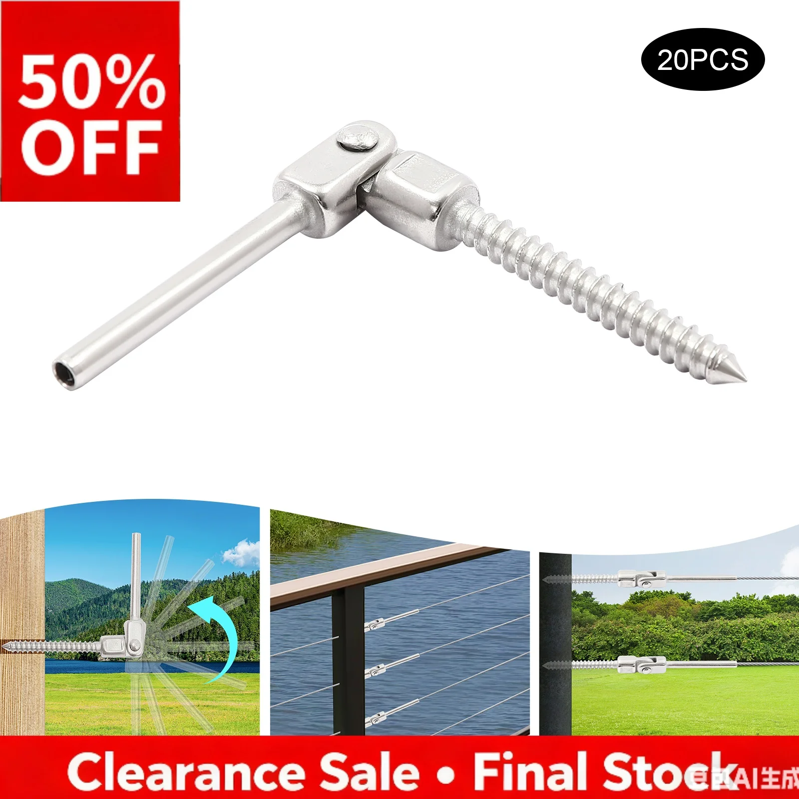 

20PCS 180 Degree Adjustable Cable Railing Kits T316 Stainless Steel Threaded Stud Tension End Fitting for Wood Post Deck Stair