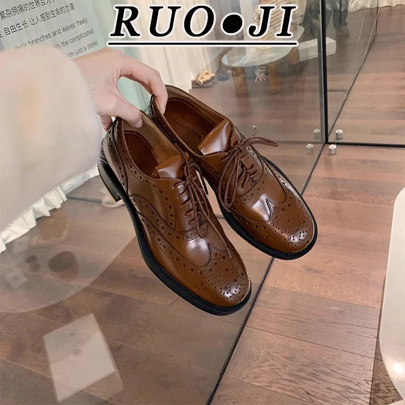 2024 Spring Retro British Style Round Toe Thick Heel Heightened Carved Block Lace up Women's Small Leather Shoes Single Shoes