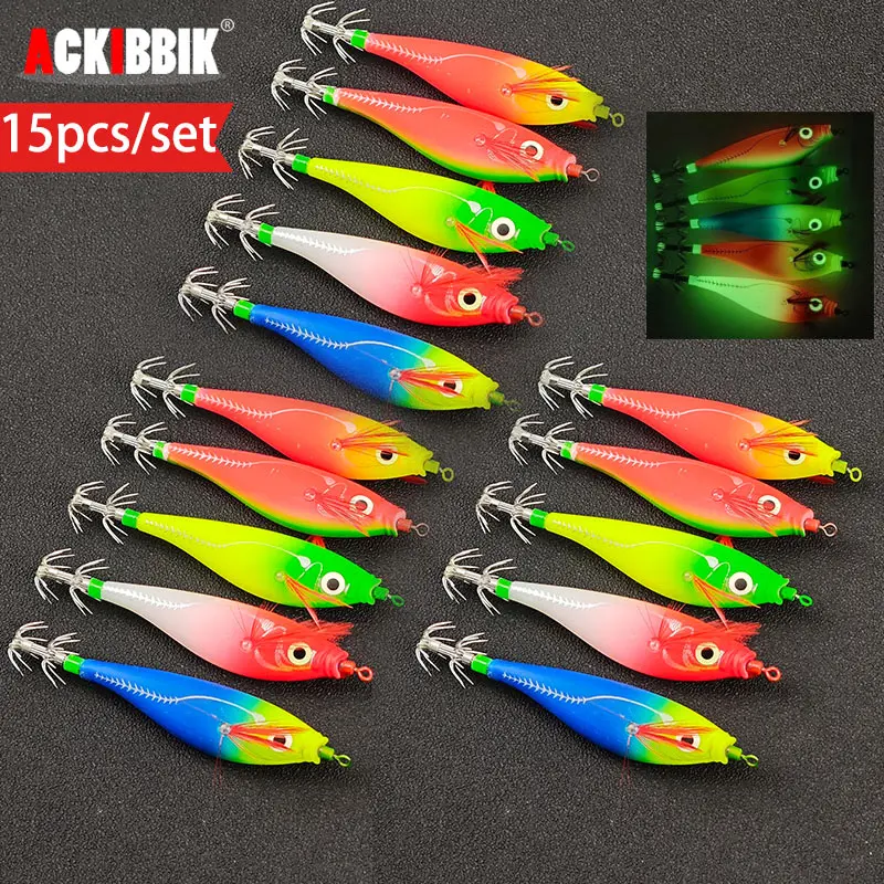 

Ackibbik 15 шт. светящиеся горизонтальные приманки для кальмаров, светящиеся приманки для кальмаров, приманки для морской рыбалки с креветками, аксессуары для рыбалки каракатицы