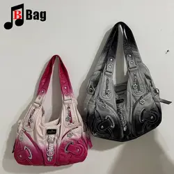 Y2k Vintage Harajuku Lolita Punk damska gradientowa miękka skórzana przyprawa dziewczęca torebka kwiatowa z nitami z zamkiem błyskawicznym jedno ramię CrossbodyBag