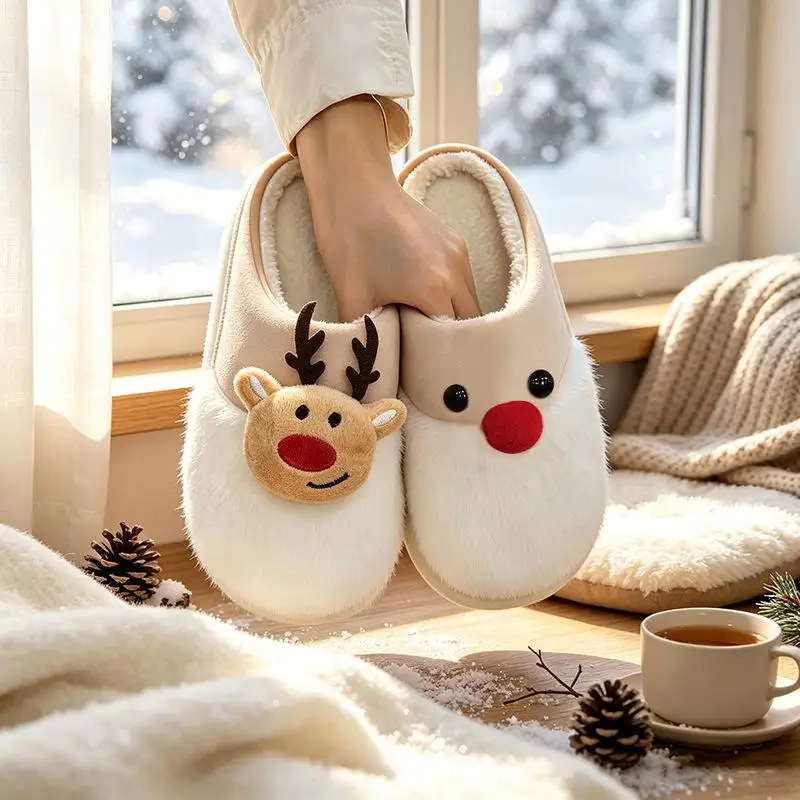 Niedliche Elch-Plüsch-Hausschuhe für Paare, warme Weihnachts-Hausschuhe für drinnen, Wintertrend 2026, bequeme dicke Sohle, Baumwollschuhe für Damen – Detail 10