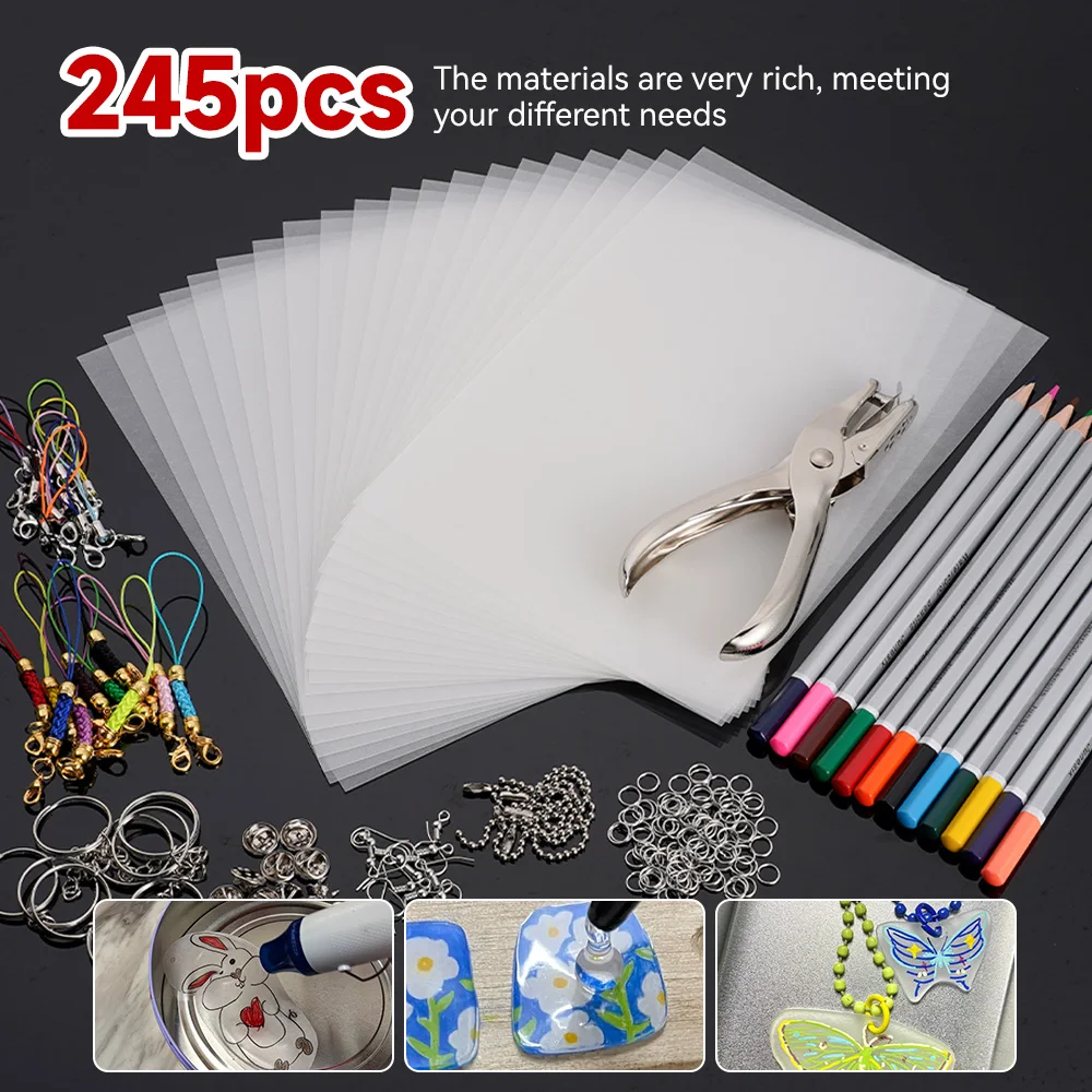 145/198Pcs Zestaw termokurczliwych folii termokurczliwych Zestaw arkuszy papieru Zestaw dziurkaczy Breloki Kolczyki Ołówki Zestaw do majsterkowania Rysowanie Materiały artystyczne
