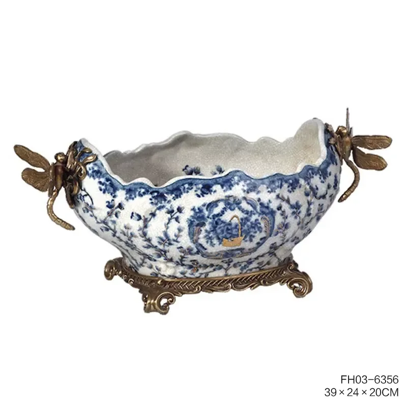 Antique Art Deco Ceramic Candy Plate/Plate Luxury French Ceramic Craft High Brass Feet Home Decoration Fruit Bowl