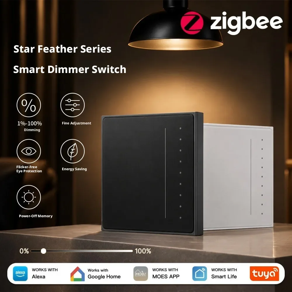 Tuya Smart Home Zigbee Eu/Us Standard Dimmable Switch Anti Glare Stepless Dimmable Smart Switch Zero Fire Version Ac90-250v